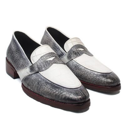 Silver grey and ivory croc-textured leather loafers by Shoe Bespoke with handcrafted finish, rubber sole, and wood-finish heel detail.