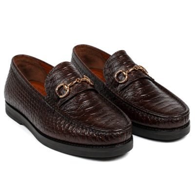 Dark brown handcrafted leather python texture loafers with gold metal bit detail and leather sole by Shoe Bespoke.